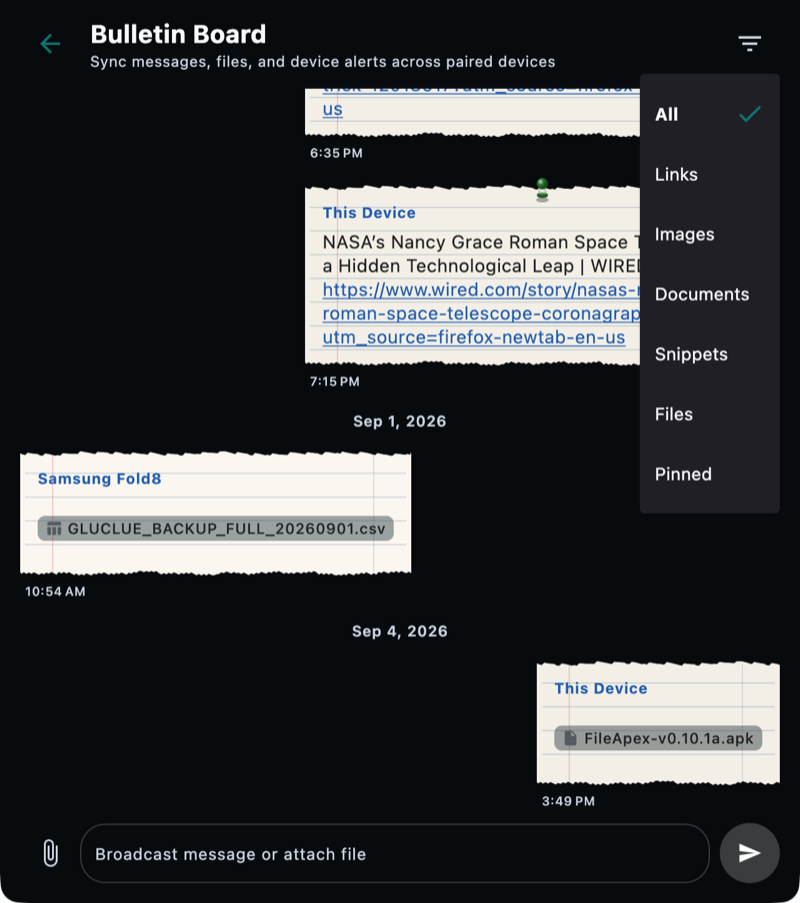 The Bulletin Board with torn-ledger notes and a filter menu