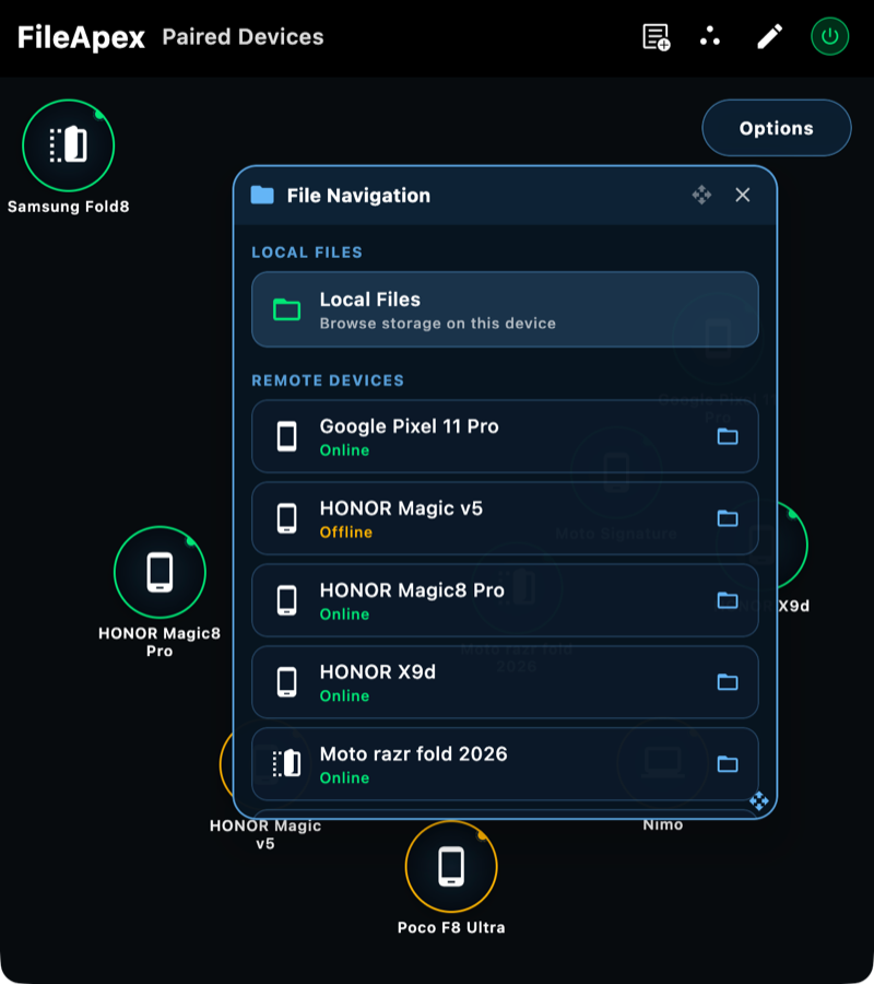 FileApex showing paired devices in an orbital layout with the file navigation panel open