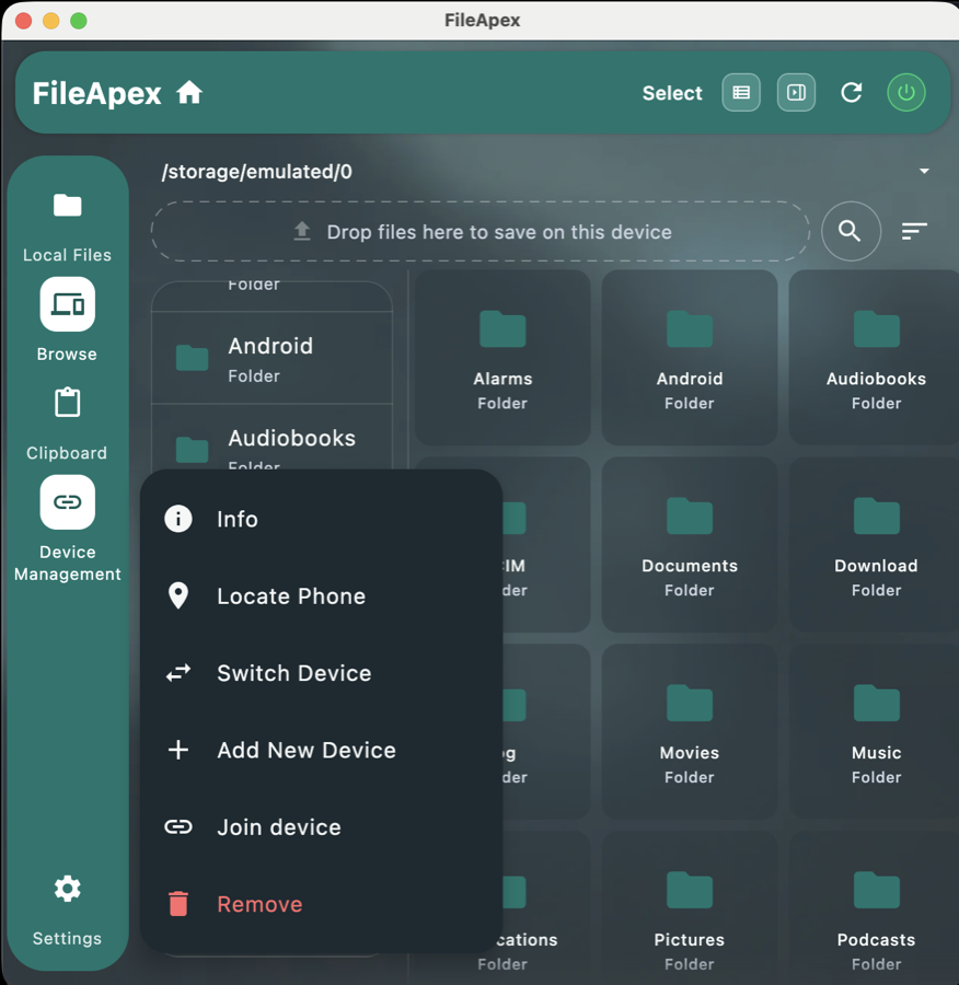 FileApex on a Mac browsing a phone's folders, with a menu showing Info, Locate Phone, Switch Device and Add New Device