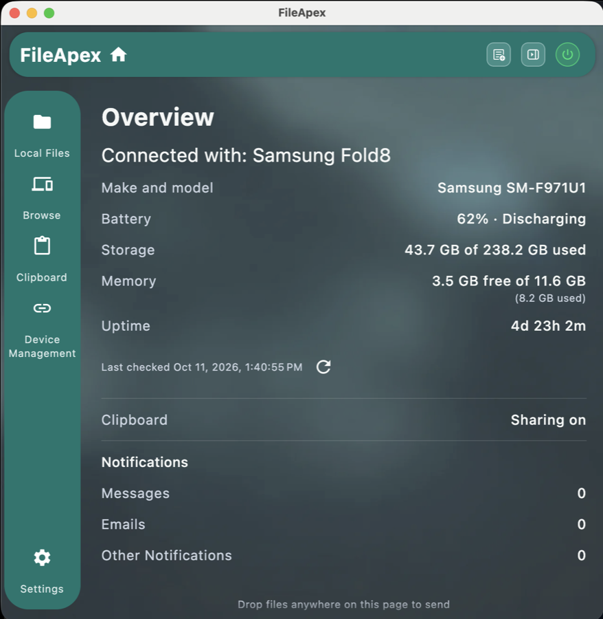 FileApex on a Mac, Simple layout: overview of a connected Samsung phone with battery, storage, memory and notification counts