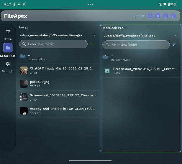 Animated split view on an Android tablet: local Download folder on the left, a MacBook Pro folder on the right, dragging a file between them