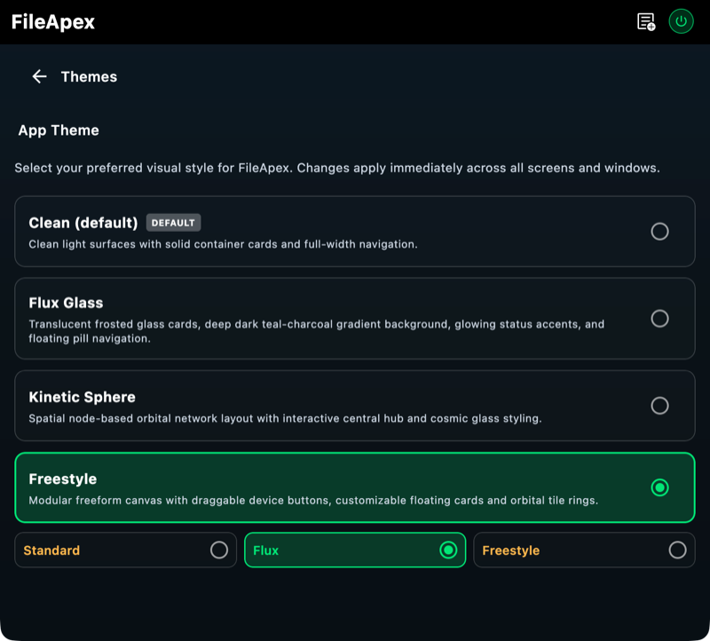 The Themes settings page with Clean, Flux Glass, Kinetic Sphere and Freestyle